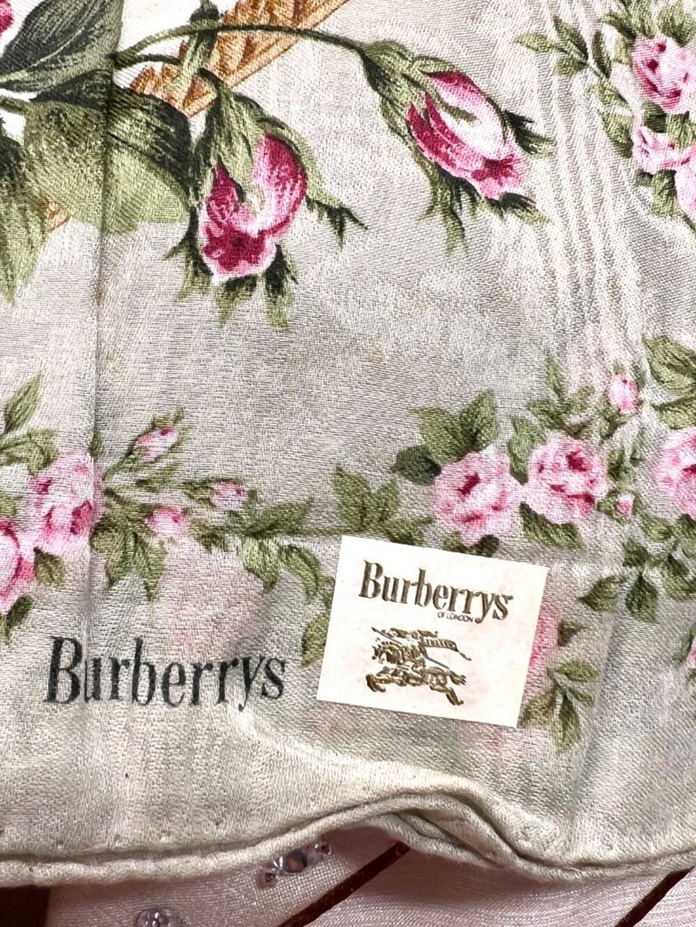 New   Burberry Neck-handker /Mini Scarf 21" Cotton Olive Gray Floral Check(78 - Picture 10 of 13